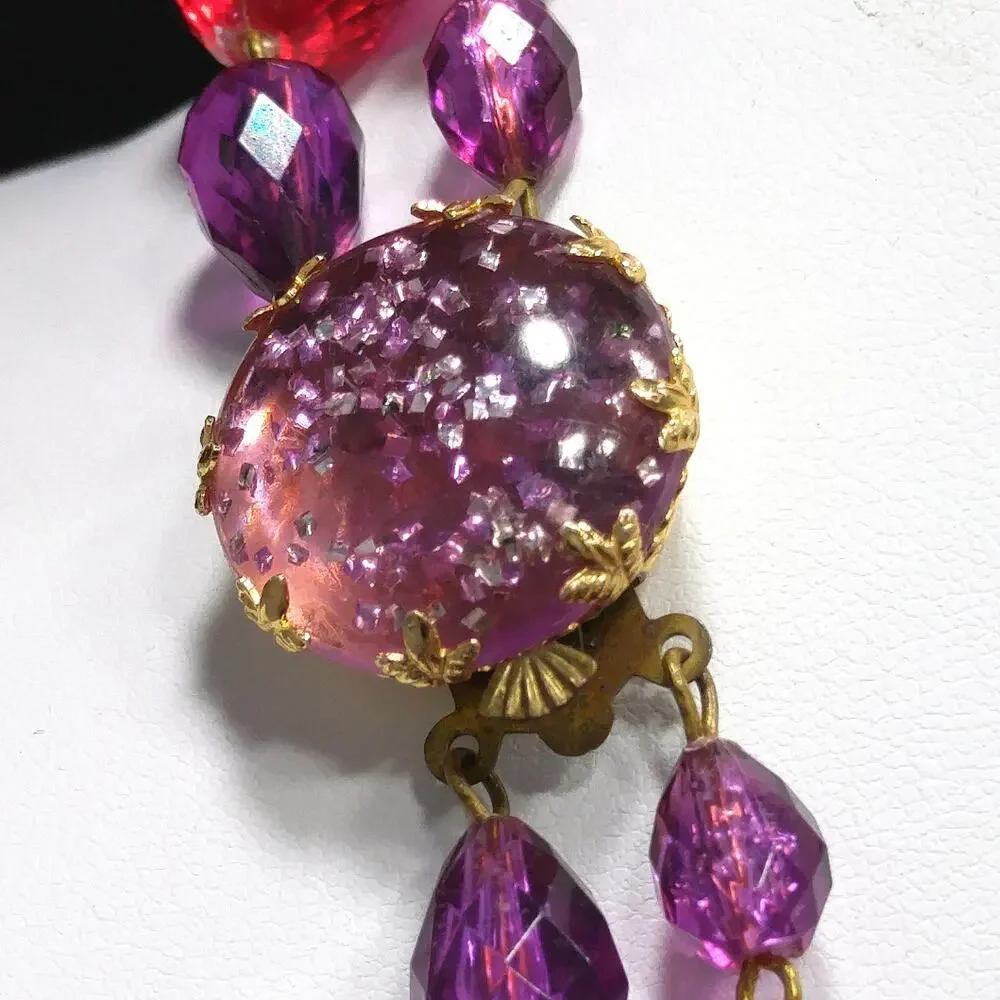 West Germany Glitter Beaded Necklace, Molded Plastic Purple Pink Beads, 1950s